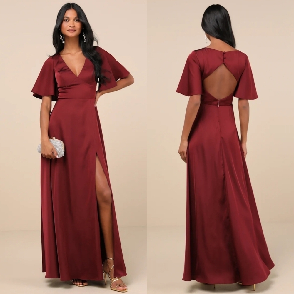 Lulus Elegant Confidence Red Satin Flutter Sleeve Cutout Maxi Dress Wedding